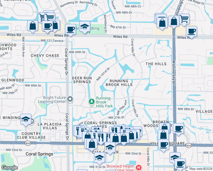 map of restaurants, bars, coffee shops, grocery stores, and more near 4023 Northwest 100th Avenue in Coral Springs