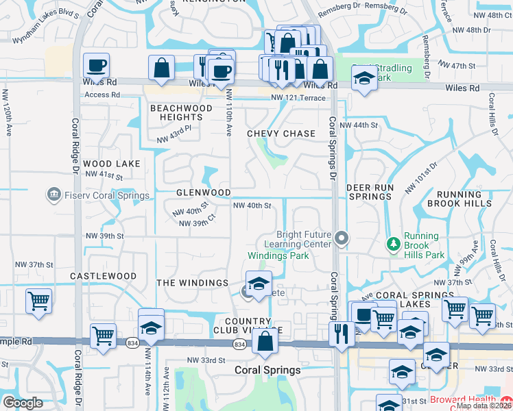 map of restaurants, bars, coffee shops, grocery stores, and more near 3980 Northwest 108th Avenue in Coral Springs