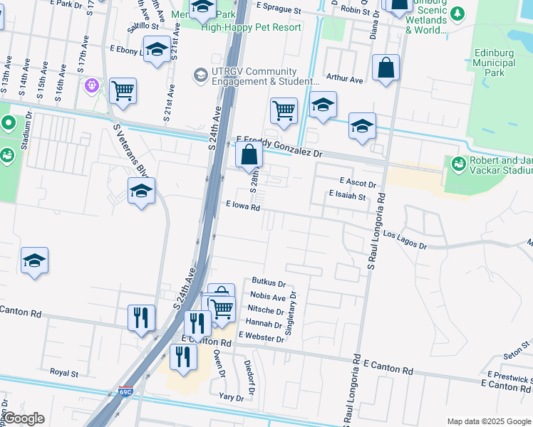 map of restaurants, bars, coffee shops, grocery stores, and more near 1902 East Iowa Road in Edinburg
