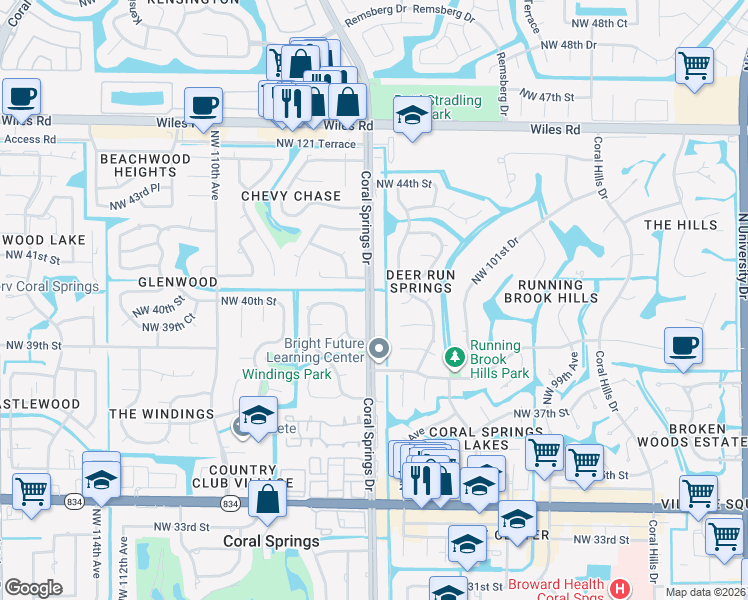 map of restaurants, bars, coffee shops, grocery stores, and more near 3990 Coral Springs Drive in Coral Springs
