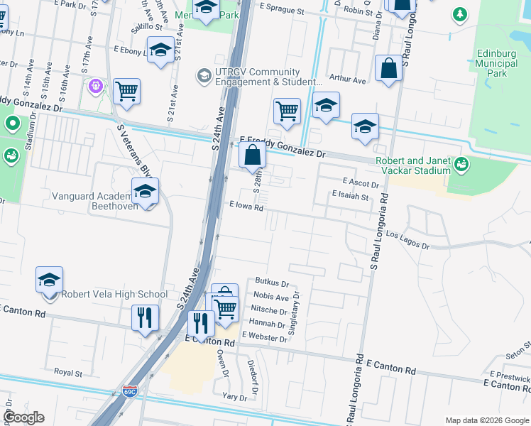 map of restaurants, bars, coffee shops, grocery stores, and more near 1902 East Iowa Road in Edinburg
