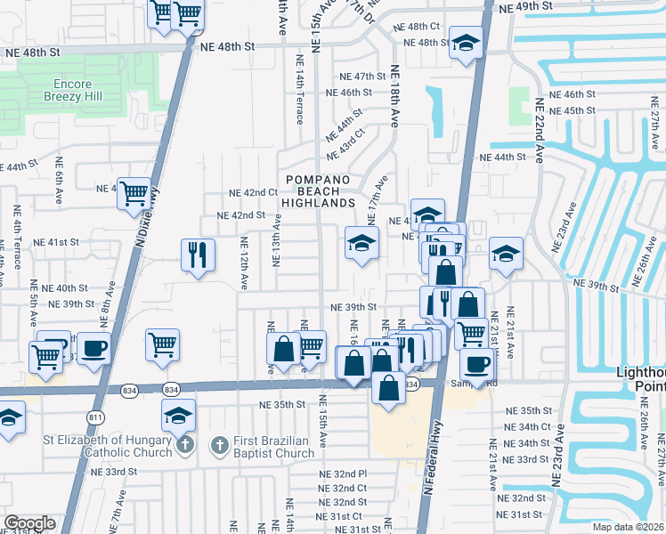 map of restaurants, bars, coffee shops, grocery stores, and more near 4020 Northeast 15th Avenue in Pompano Beach