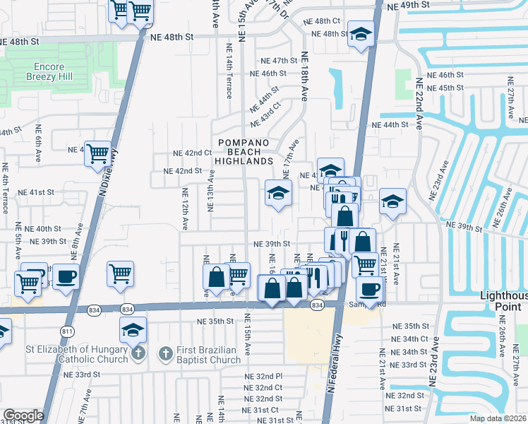 map of restaurants, bars, coffee shops, grocery stores, and more near 3951 Northeast 16th Avenue in Pompano Beach