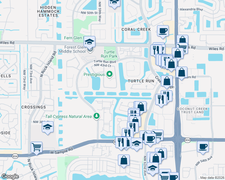 map of restaurants, bars, coffee shops, grocery stores, and more near 6420 Northwest 41st Street in Coral Springs