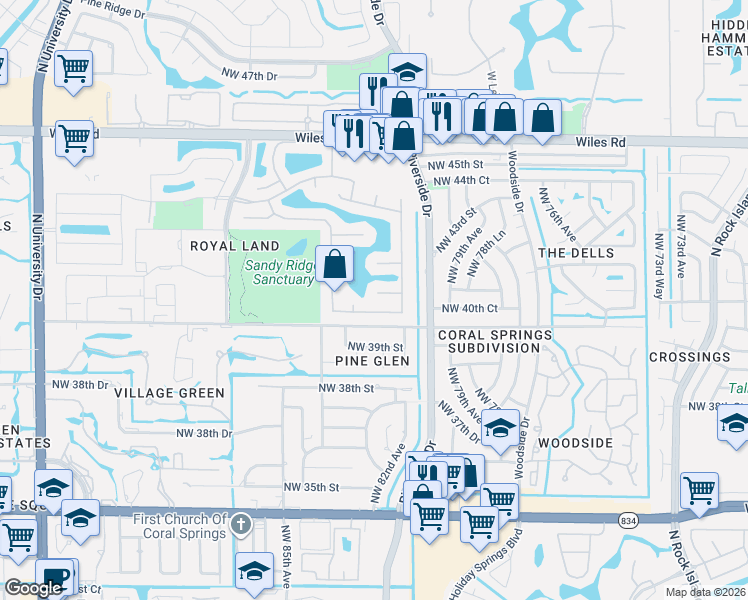 map of restaurants, bars, coffee shops, grocery stores, and more near 8275 Northwest 40th Court in Coral Springs