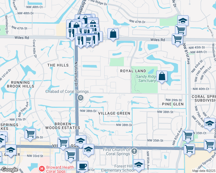 map of restaurants, bars, coffee shops, grocery stores, and more near 4137 Cardinal Road in Coral Springs