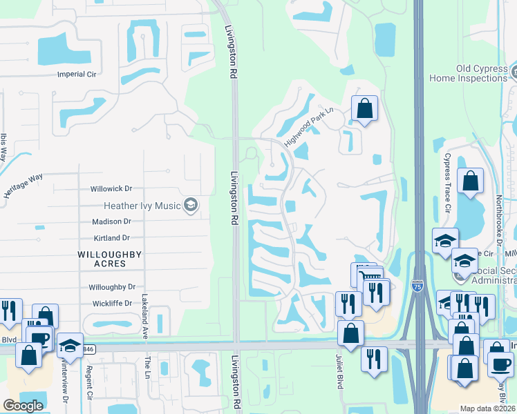 map of restaurants, bars, coffee shops, grocery stores, and more near 15100 Livingston Road in Naples