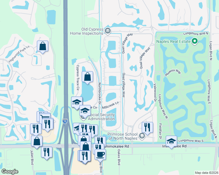 map of restaurants, bars, coffee shops, grocery stores, and more near 2540 Aspen Creek Lane in Naples