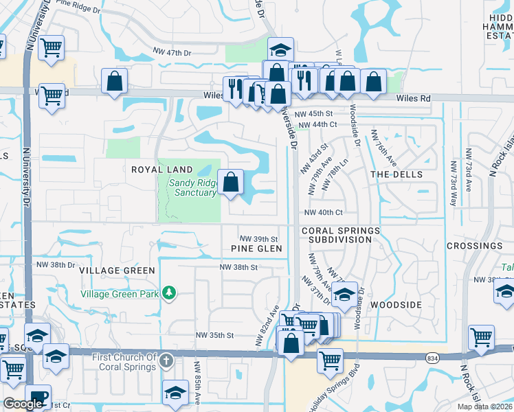 map of restaurants, bars, coffee shops, grocery stores, and more near 8275 Northwest 40th Court in Coral Springs