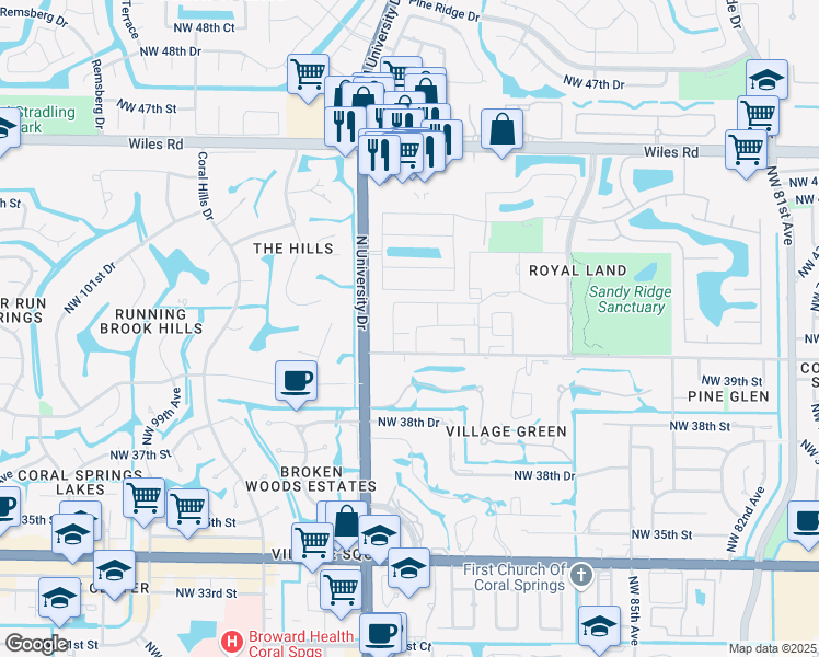 map of restaurants, bars, coffee shops, grocery stores, and more near 4151 Northwest 90th Avenue in Coral Springs