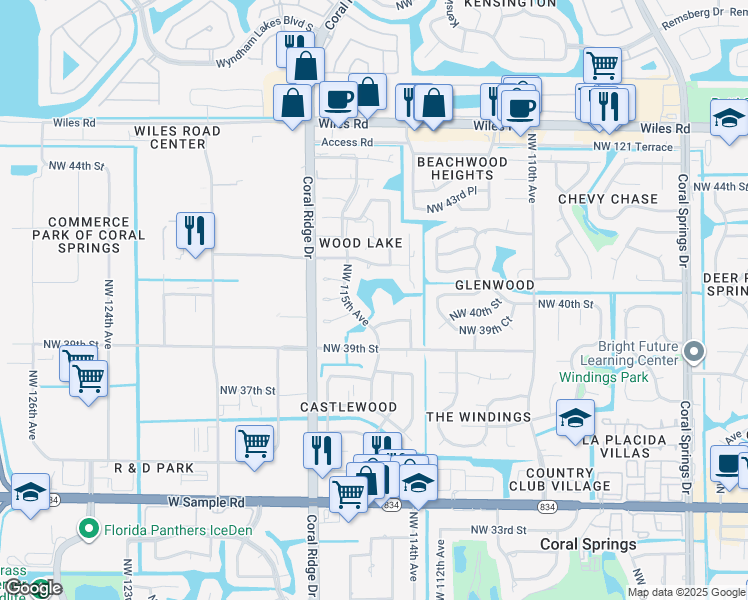 map of restaurants, bars, coffee shops, grocery stores, and more near 3951 Northwest 115th Avenue in Coral Springs