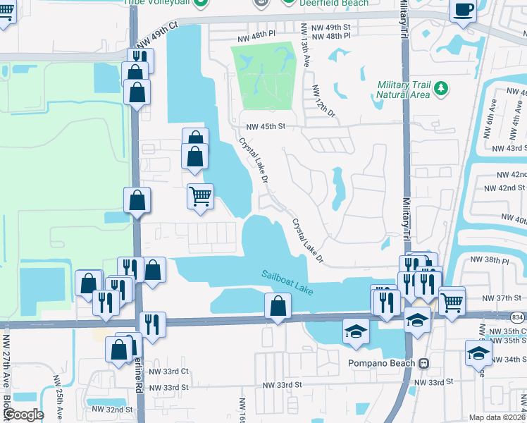 map of restaurants, bars, coffee shops, grocery stores, and more near 4117 Crystal Lake Drive in Pompano Beach