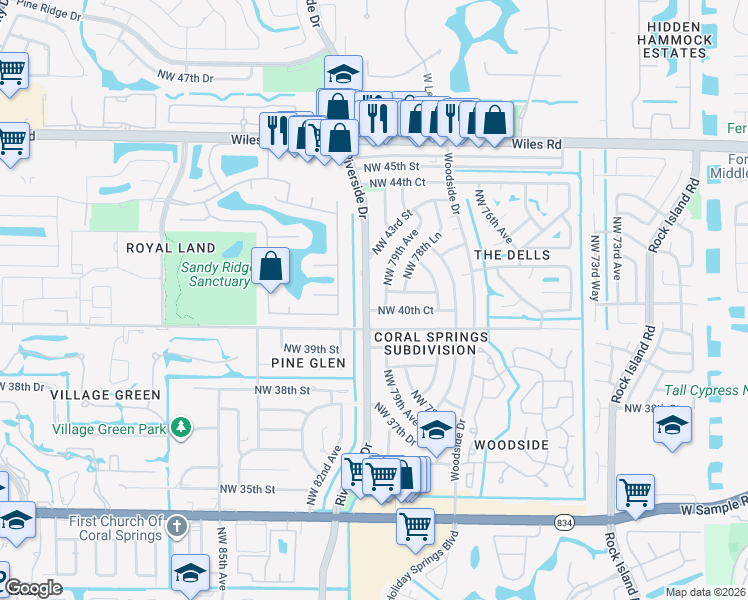 map of restaurants, bars, coffee shops, grocery stores, and more near 4060 Northwest 81st Avenue in Coral Springs