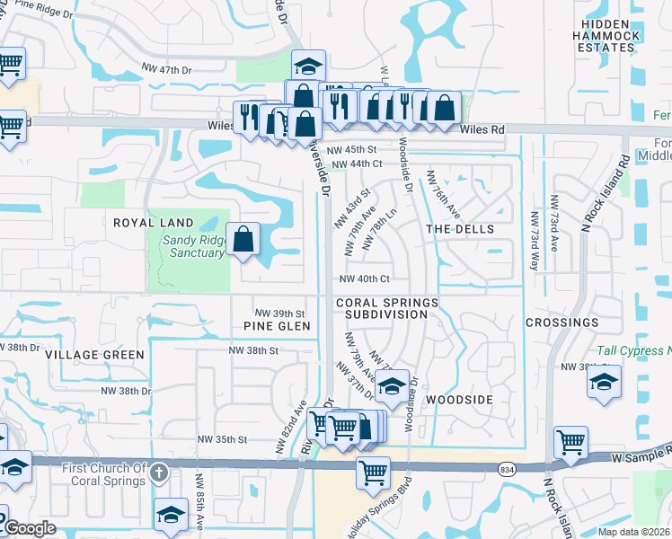 map of restaurants, bars, coffee shops, grocery stores, and more near 4060 Northwest 81st Avenue in Coral Springs