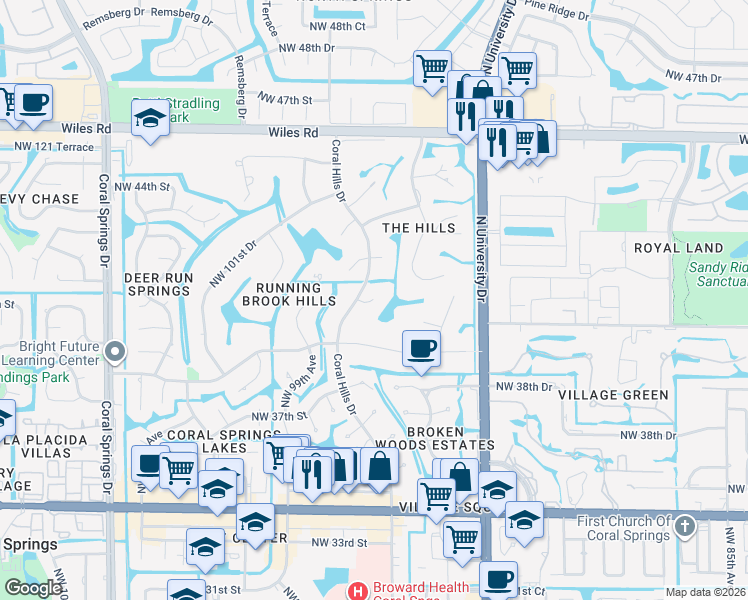 map of restaurants, bars, coffee shops, grocery stores, and more near Northwest 41st Street in Coral Springs