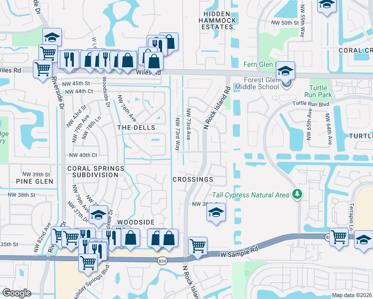 map of restaurants, bars, coffee shops, grocery stores, and more near 3924 Northwest 73rd Avenue in Coral Springs