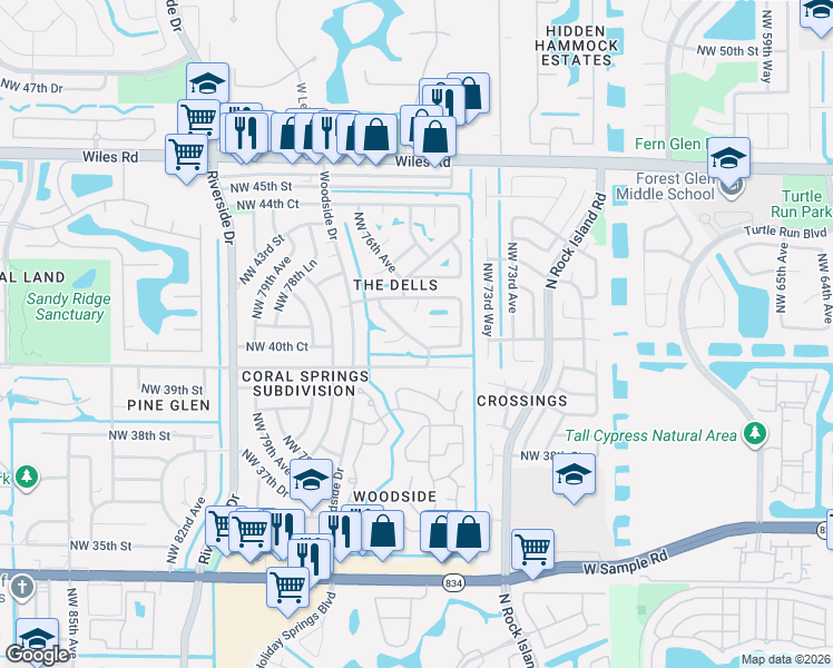 map of restaurants, bars, coffee shops, grocery stores, and more near 4002 Northwest 76th Avenue in Coral Springs
