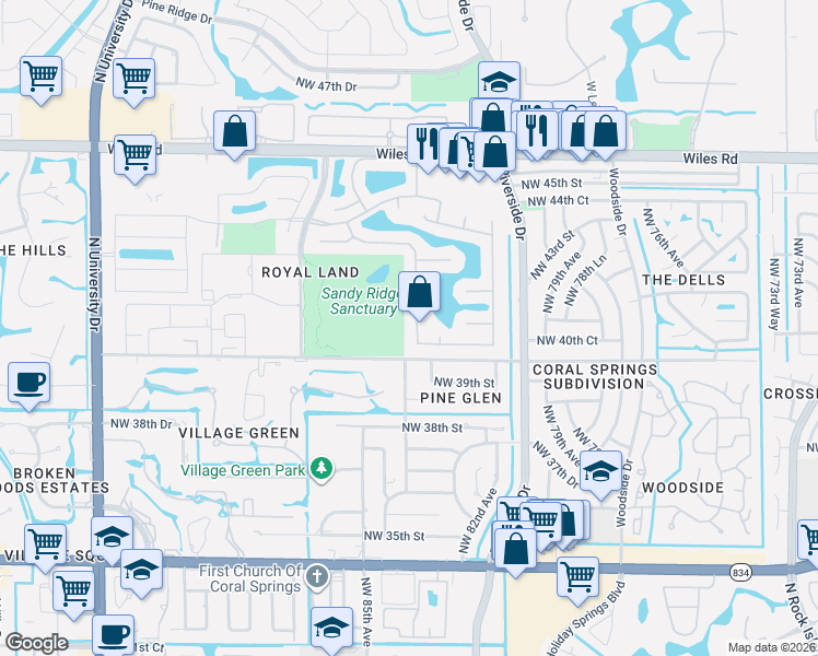 map of restaurants, bars, coffee shops, grocery stores, and more near 4050 Northwest 83rd Lane in Coral Springs