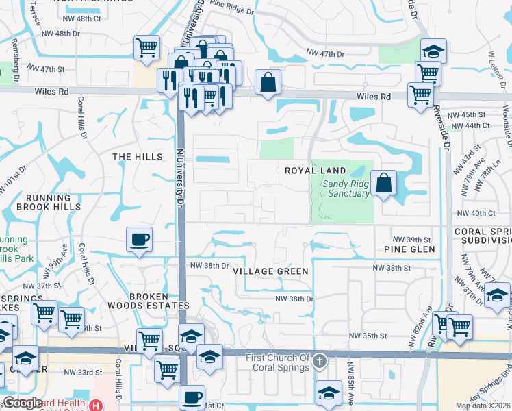 map of restaurants, bars, coffee shops, grocery stores, and more near 4137 Cardinal Road in Coral Springs