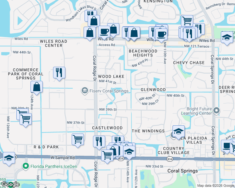 map of restaurants, bars, coffee shops, grocery stores, and more near 3951 Northwest 115th Avenue in Coral Springs