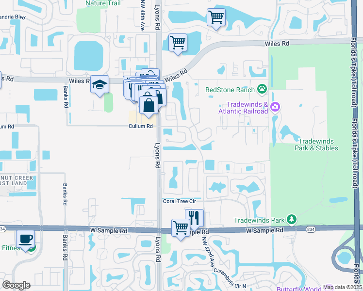 map of restaurants, bars, coffee shops, grocery stores, and more near 4384 Northwest 41st Place in Coconut Creek