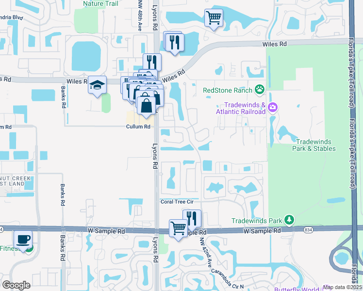 map of restaurants, bars, coffee shops, grocery stores, and more near 4384 Northwest 41st Place in Coconut Creek