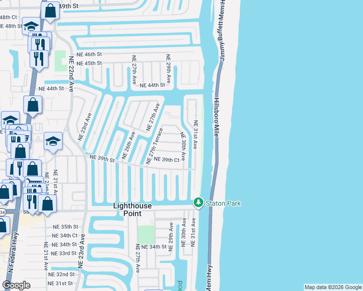 map of restaurants, bars, coffee shops, grocery stores, and more near 2910 Northeast 40th Street in Lighthouse Point