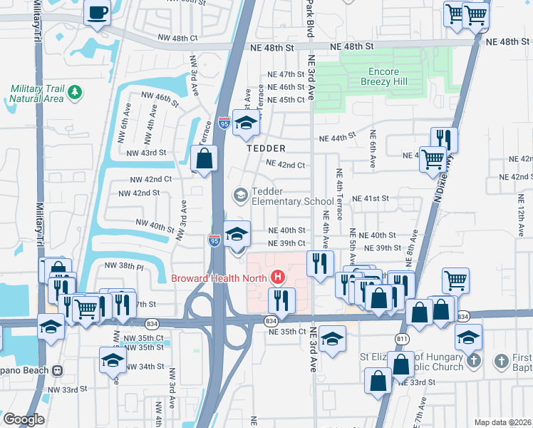 map of restaurants, bars, coffee shops, grocery stores, and more near 4001 Northeast 2nd Terrace in Pompano Beach