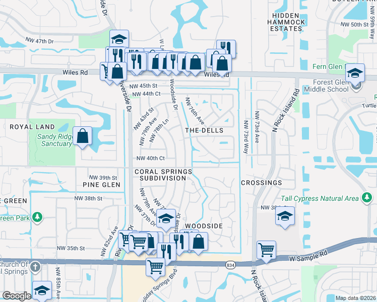 map of restaurants, bars, coffee shops, grocery stores, and more near 4020 Woodside Drive in Coral Springs