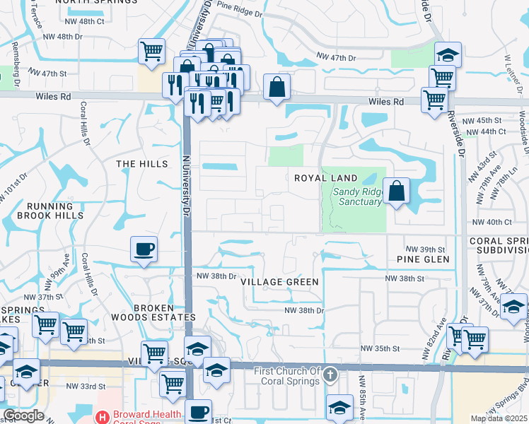 map of restaurants, bars, coffee shops, grocery stores, and more near 4137 Cardinal Road in Coral Springs