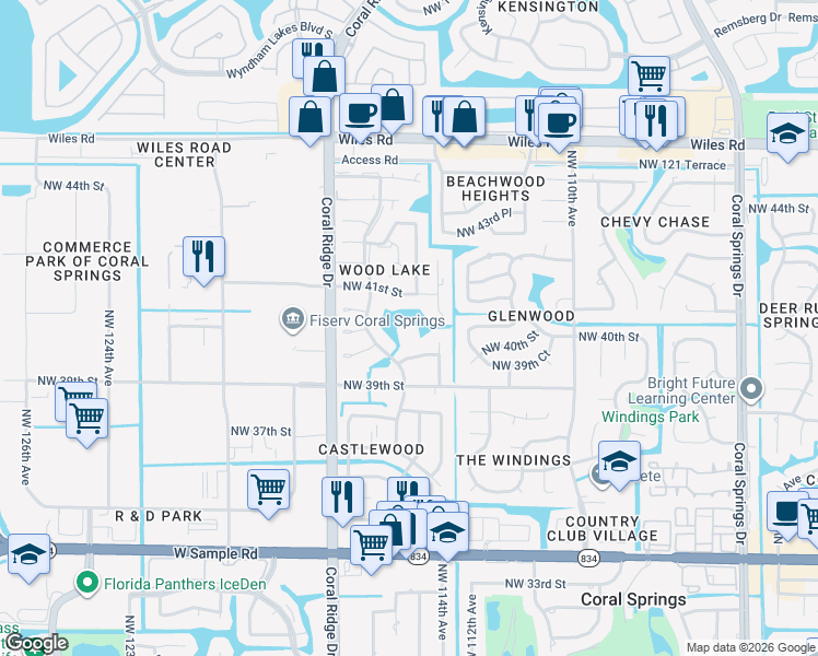 map of restaurants, bars, coffee shops, grocery stores, and more near 3951 Northwest 115th Avenue in Coral Springs