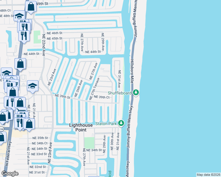 map of restaurants, bars, coffee shops, grocery stores, and more near 2910 Northeast 40th Court in Lighthouse Point