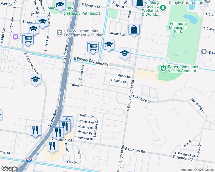 map of restaurants, bars, coffee shops, grocery stores, and more near 1909 Ezekiel Street in Edinburg