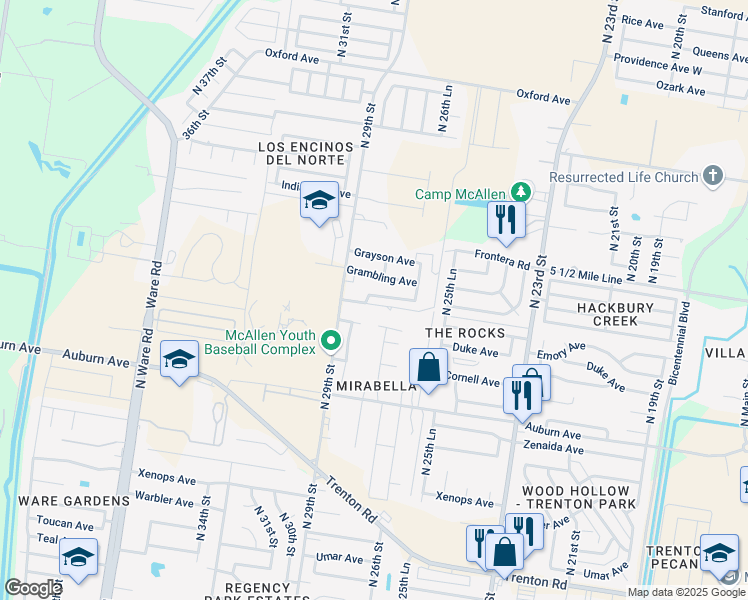 map of restaurants, bars, coffee shops, grocery stores, and more near 2720 Duke Avenue in McAllen