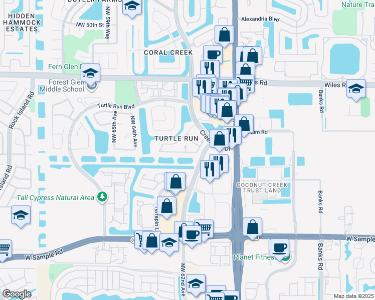 map of restaurants, bars, coffee shops, grocery stores, and more near 4001 Northwest 61st Way in Coral Springs
