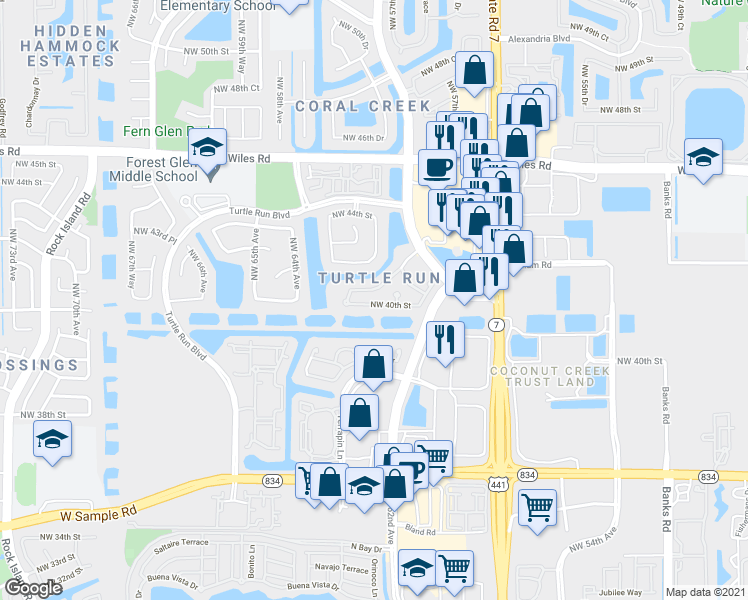 map of restaurants, bars, coffee shops, grocery stores, and more near 6167 Northwest 40th Street in Coral Springs