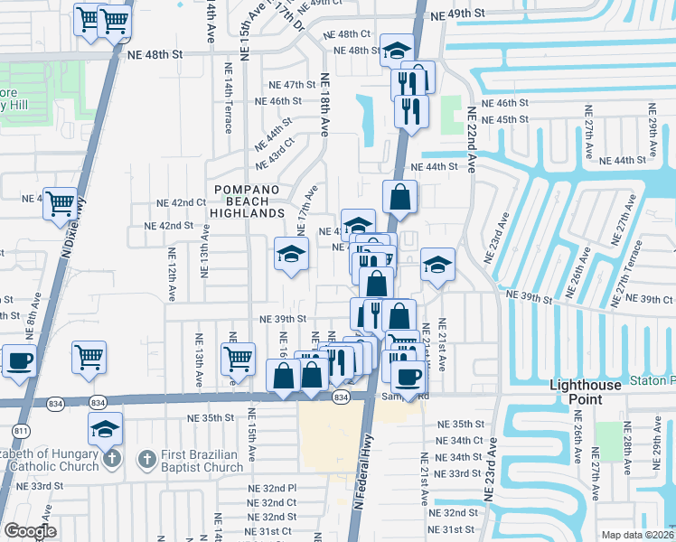 map of restaurants, bars, coffee shops, grocery stores, and more near 4041 Northeast 18th Terrace in Pompano Beach
