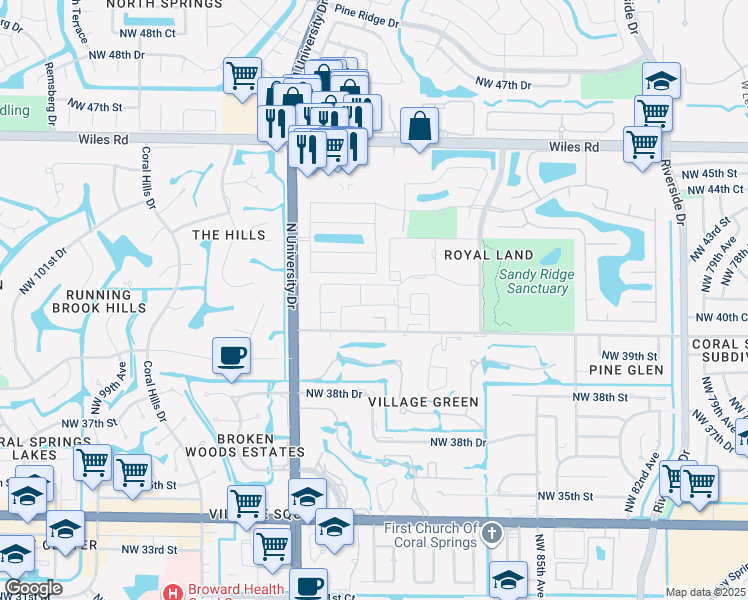 map of restaurants, bars, coffee shops, grocery stores, and more near 9110 Northwest 41st Manor in Coral Springs