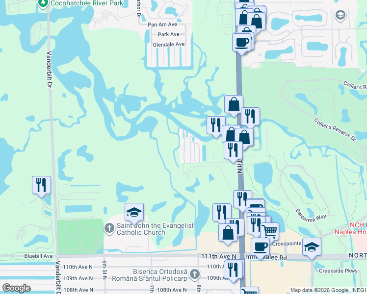 map of restaurants, bars, coffee shops, grocery stores, and more near 28 Walkerbilt Road in Naples