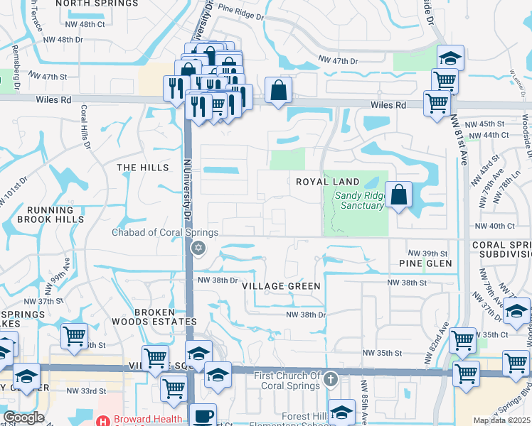 map of restaurants, bars, coffee shops, grocery stores, and more near 4104 Northwest 88th Avenue in Coral Springs