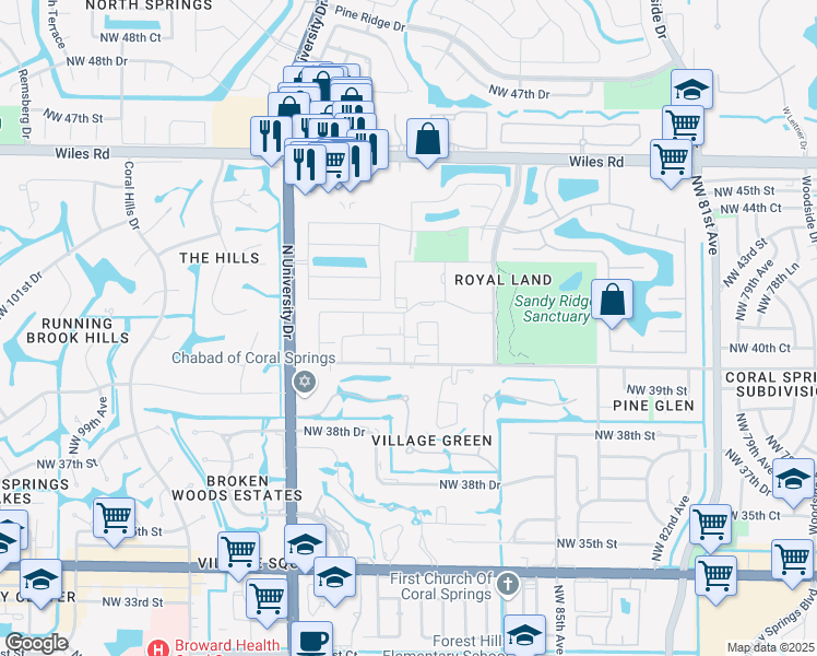 map of restaurants, bars, coffee shops, grocery stores, and more near 4129 Northwest 88th Avenue in Coral Springs