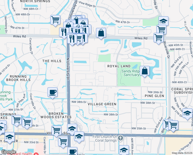 map of restaurants, bars, coffee shops, grocery stores, and more near 4164 Northwest 90th Avenue in Coral Springs