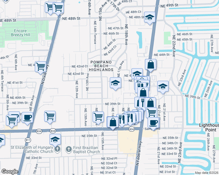 map of restaurants, bars, coffee shops, grocery stores, and more near 1600 Northeast 41st Court in Pompano Beach