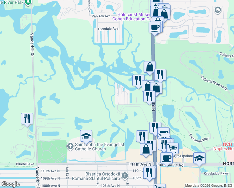 map of restaurants, bars, coffee shops, grocery stores, and more near 28 Walkerbilt Road in Naples