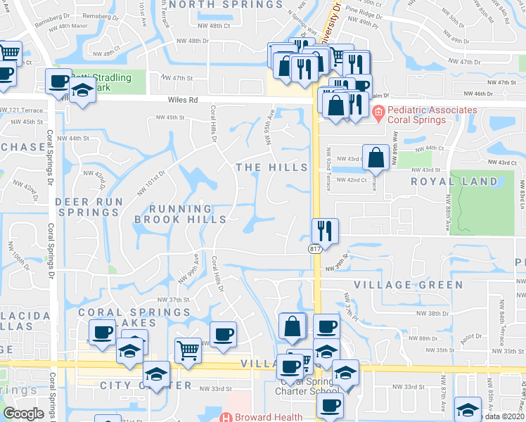 map of restaurants, bars, coffee shops, grocery stores, and more near 9541 Northwest 42nd Court in Coral Springs