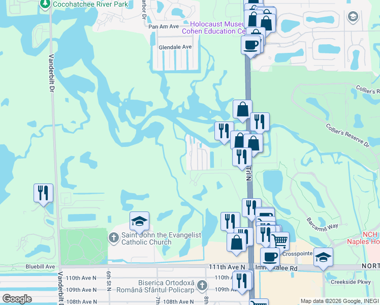 map of restaurants, bars, coffee shops, grocery stores, and more near 28 Walkerbilt Road in Naples