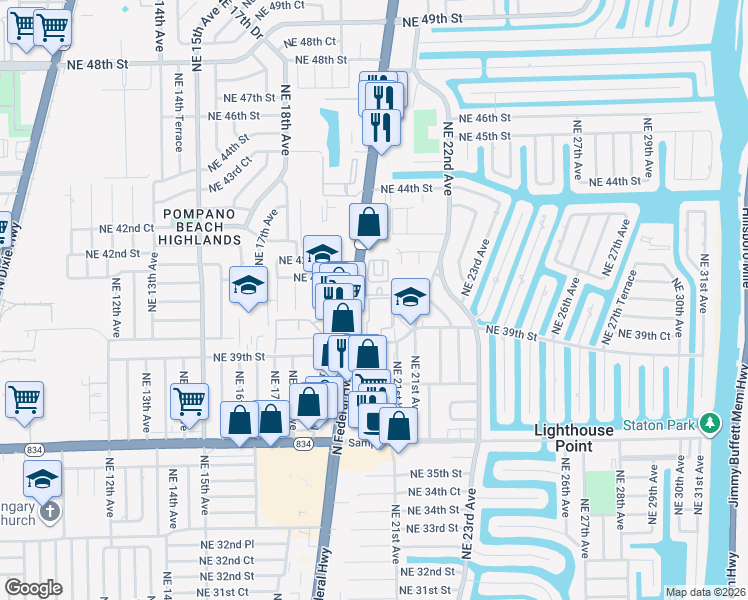 map of restaurants, bars, coffee shops, grocery stores, and more near 1951 Northeast 39th Street in Lighthouse Point