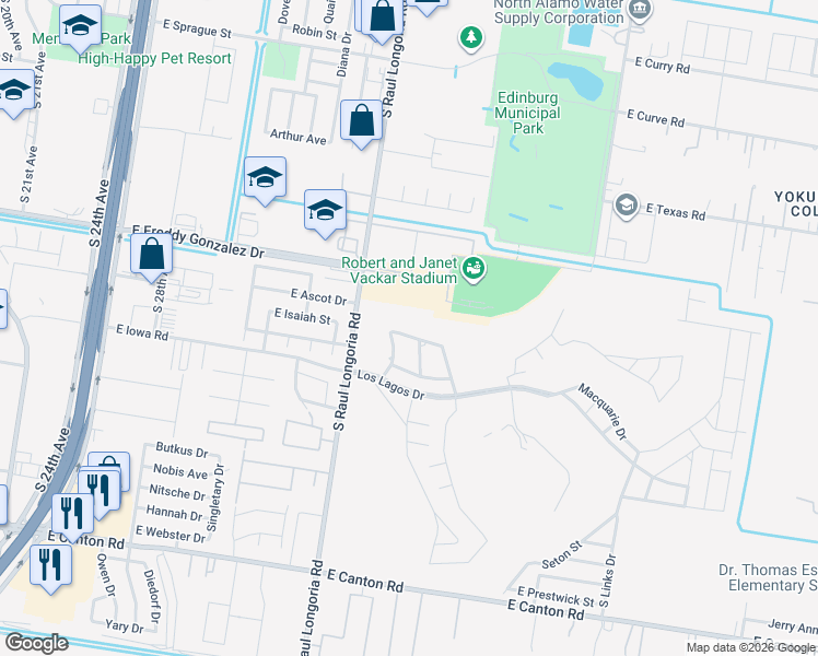 map of restaurants, bars, coffee shops, grocery stores, and more near 2613 North Woods Drive in Edinburg