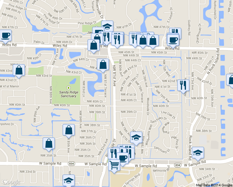 map of restaurants, bars, coffee shops, grocery stores, and more near 4111 Northwest 81st Avenue in Coral Springs