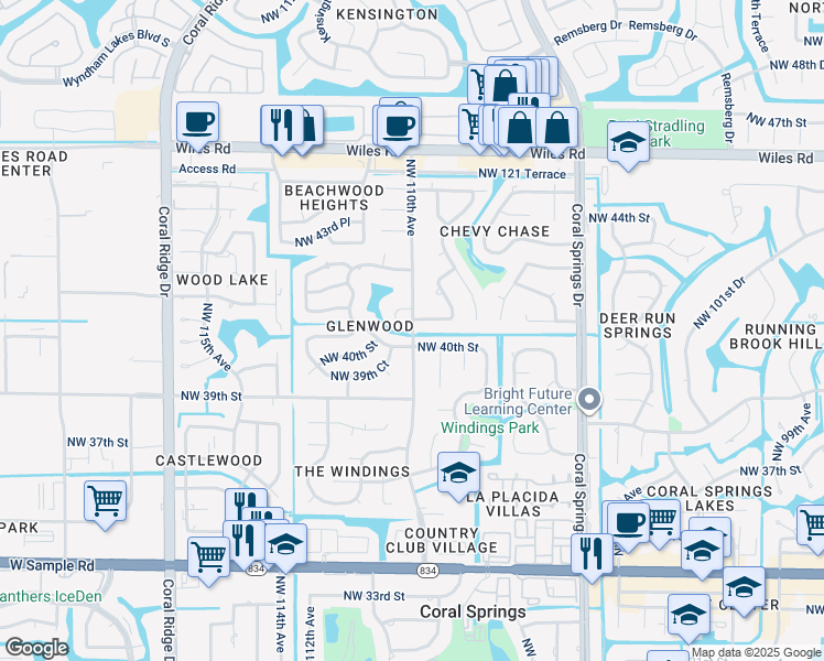 map of restaurants, bars, coffee shops, grocery stores, and more near 10905 Northwest 41st Drive in Coral Springs